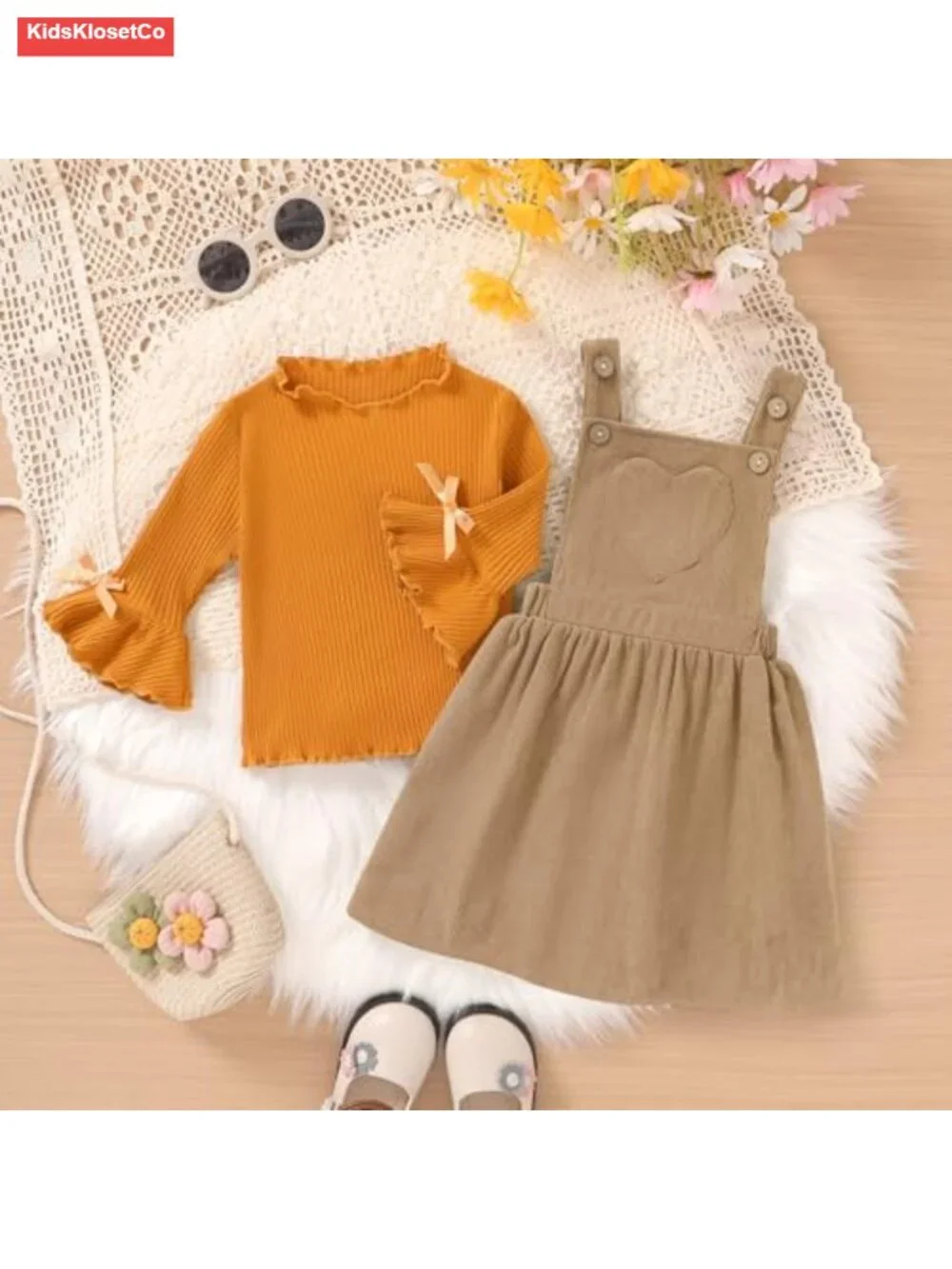 Toddler Girls Fall Overall Dress Jumper 2Pcs Outfit Set 1-5T